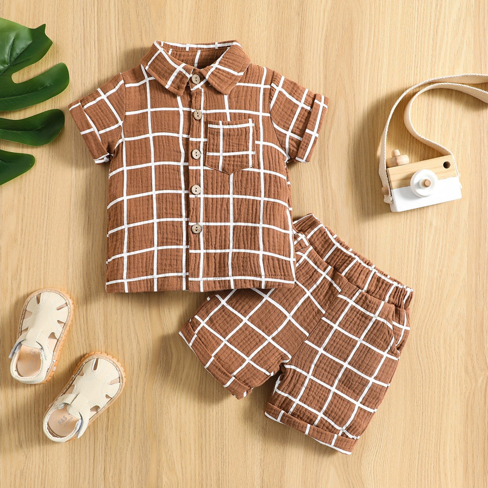 Toddler Baby Boy Plaid Lapel Short Sleeve Outfit Set