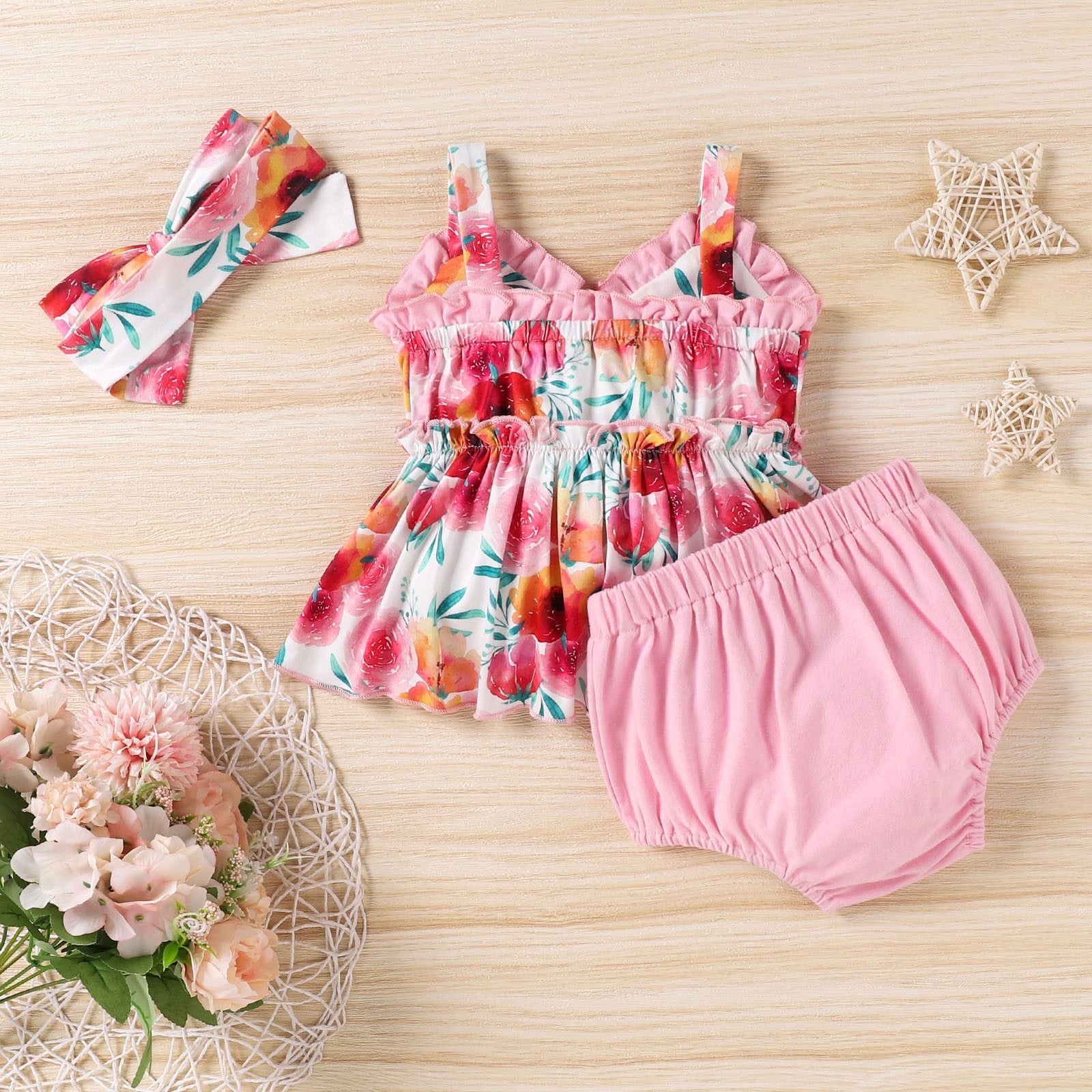 Adorable Baby Girl Clothes Set for Summer - Cartoon Floral Print Ruffles Top, Bowknot PP Shorts, and Headband