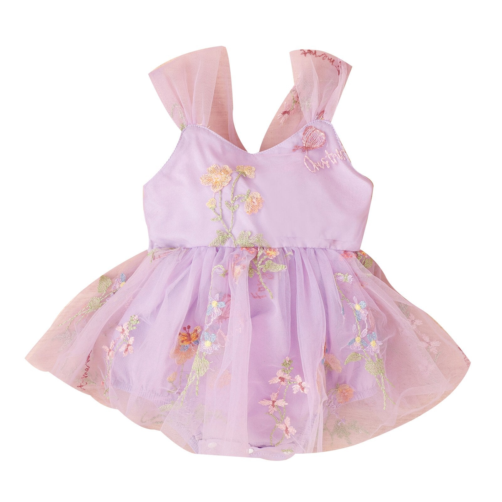Baby Girl Princess Romper Dress with Floral Embroidery and Lace Mesh