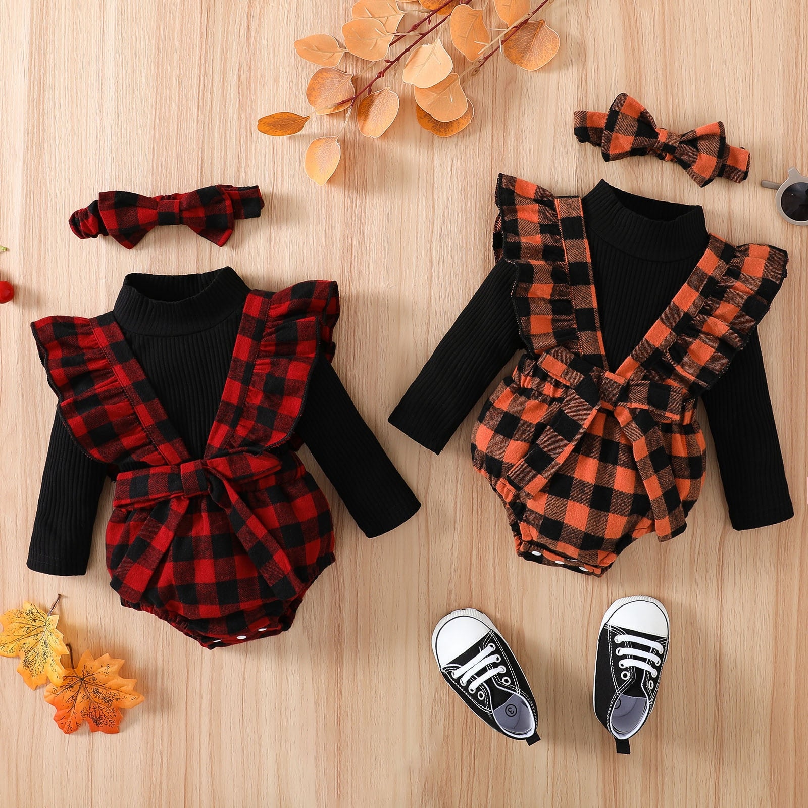 Stylish Baby Girls Clothes Sets for Autumn: Long Sleeve Tops, Plaid Suspenders Shorts, Headband and More!