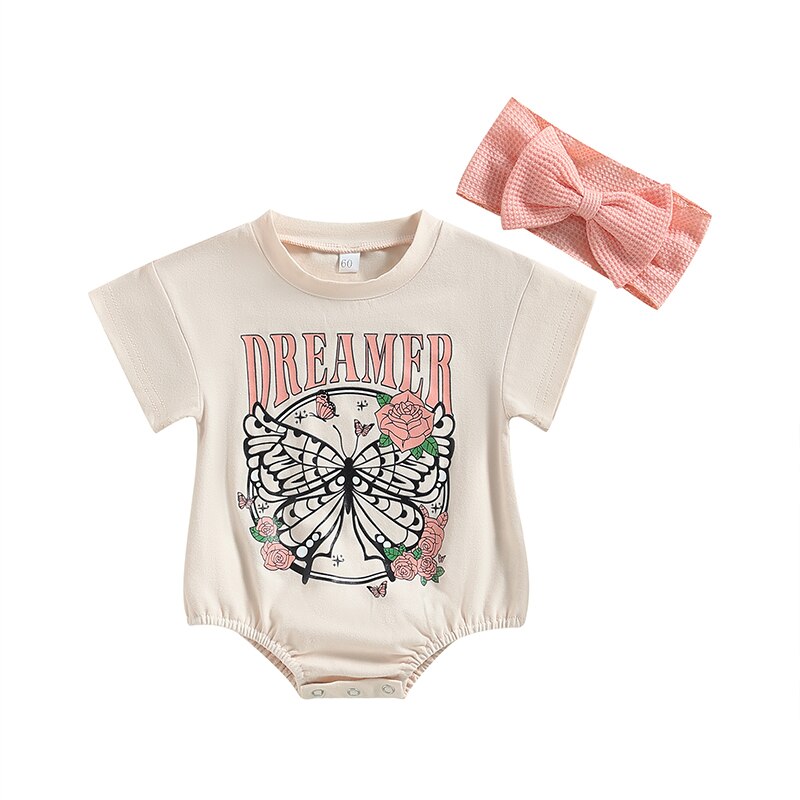 Newborn Baby Girl Short Sleeve Bubble Romper T-Shirt Butterfly Bodysuit Jumpsuit Tops