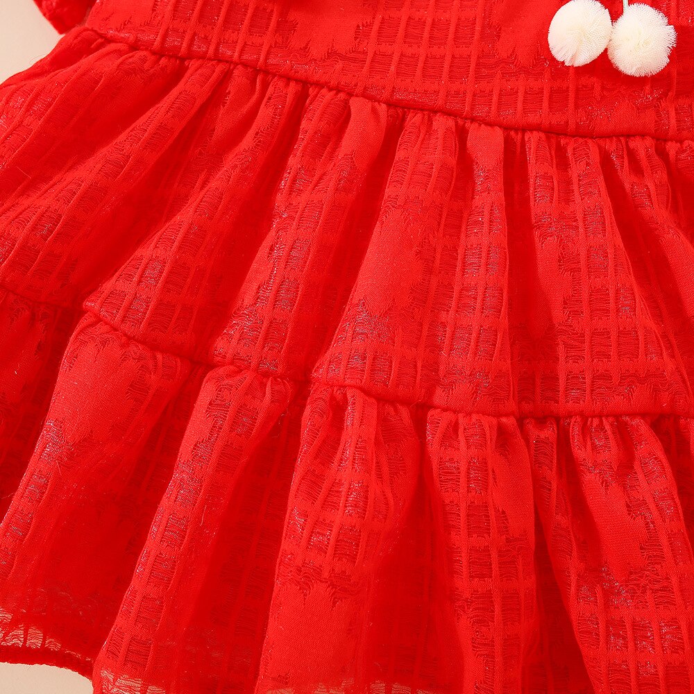Sweet Baby Girls Puff Sleeve Dresses Cherry Solid Color Party Evening Dress