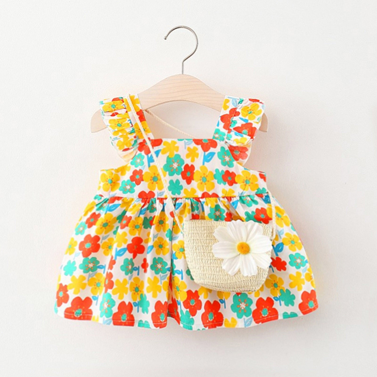 Summer Newborn Dress Flower Print Square Collar Princess Beach Flowers Dresses+Bag Little Girls Clothing