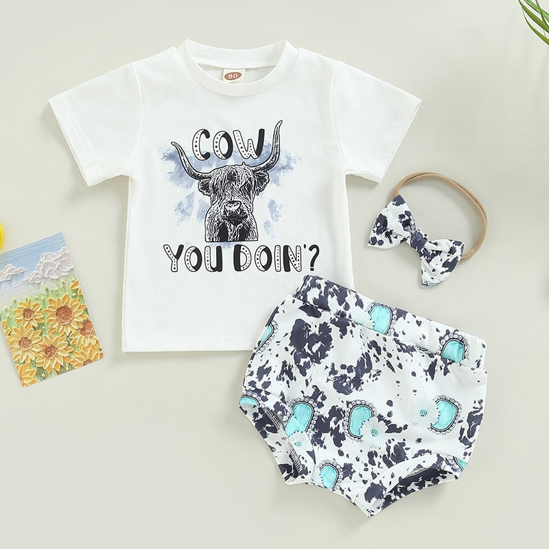 Cute Cattle Print Summer Outfit for Baby Boys and Girls - 3 Piece Set with T-shirt, Shorts, and Headband