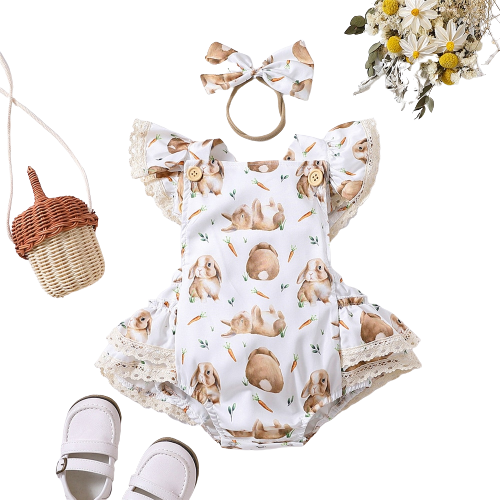 Adorable Easter Baby Romper with Rabbit Print for Girls