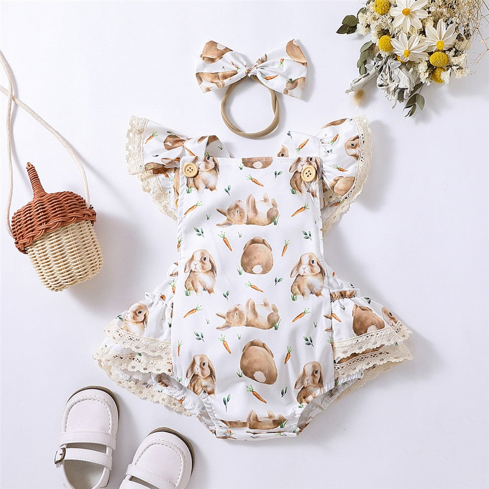 Adorable Easter Baby Romper with Rabbit Print for Girls