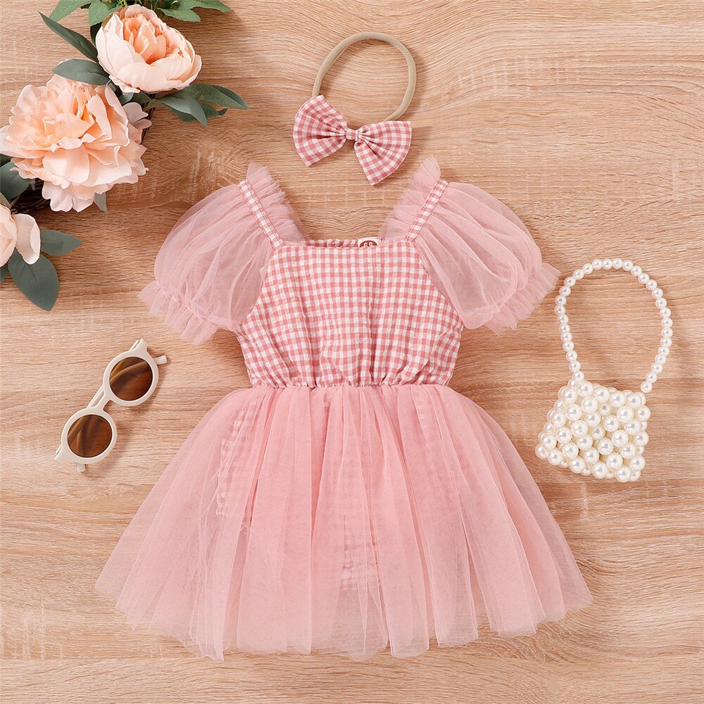 Sweet Mesh Plaid Dress for Kids Girls Summer Outfit