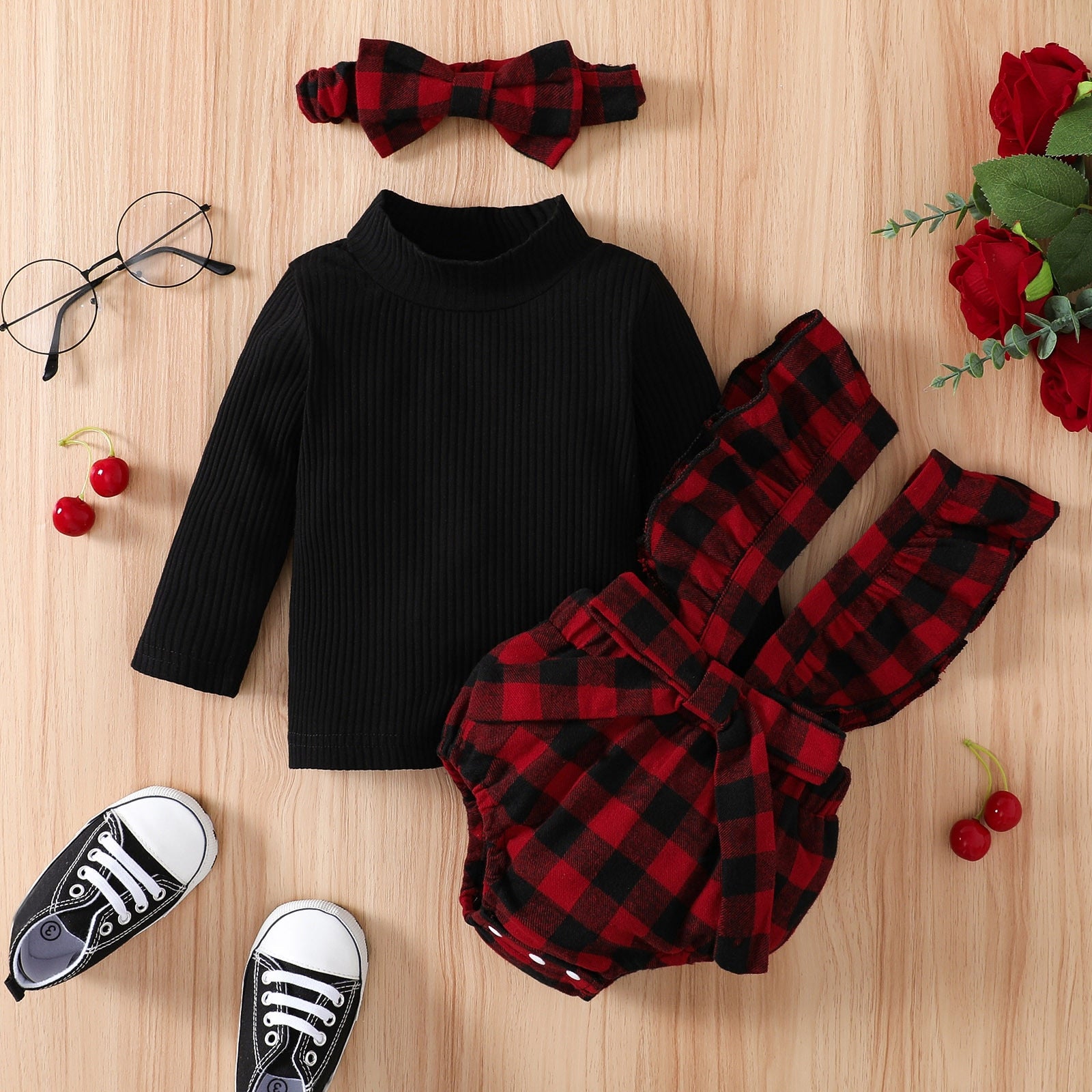 Stylish Baby Girls Clothes Sets for Autumn: Long Sleeve Tops, Plaid Suspenders Shorts, Headband and More!