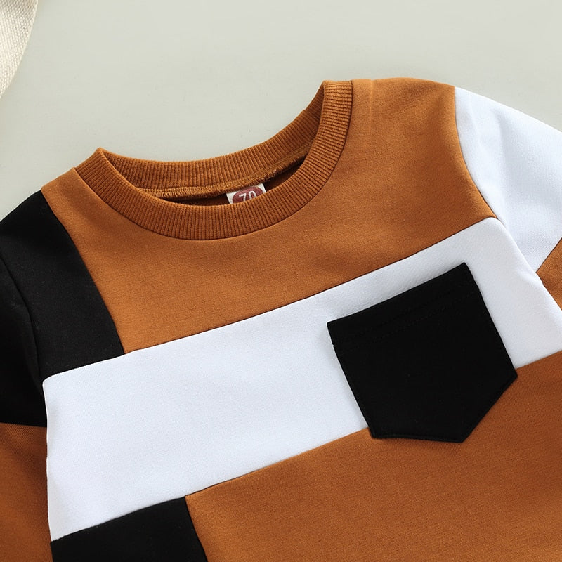 Stylish and Comfortable Patchwork Pullover and Pants Set for Toddler Boys
