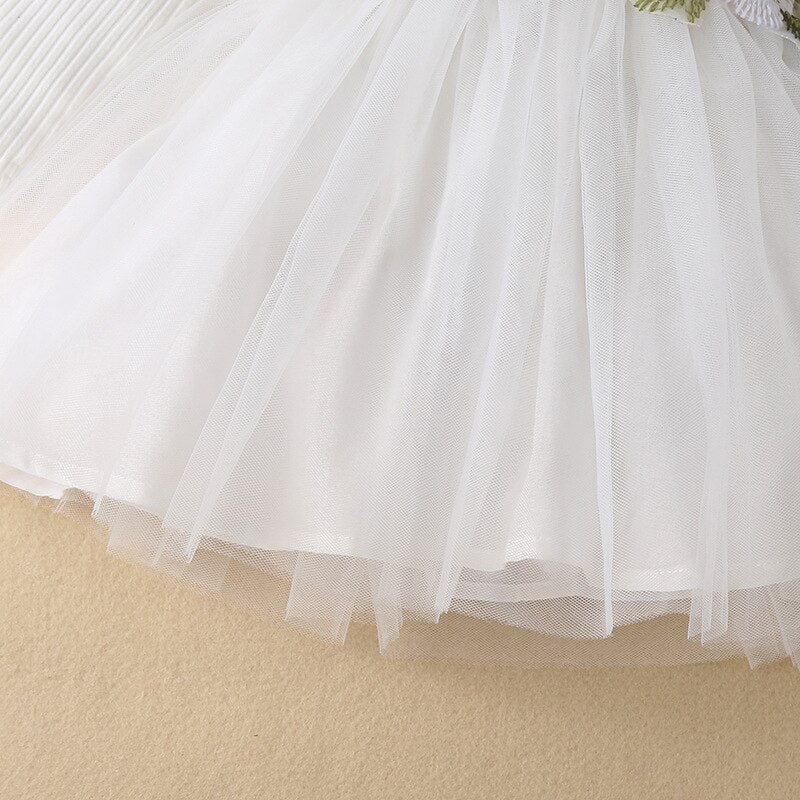 Infant Baby Girls Princess Dress: Long Sleeve Knitted Ribbed Flower Embroidery Lace Patchwork Layered Tutu Dress