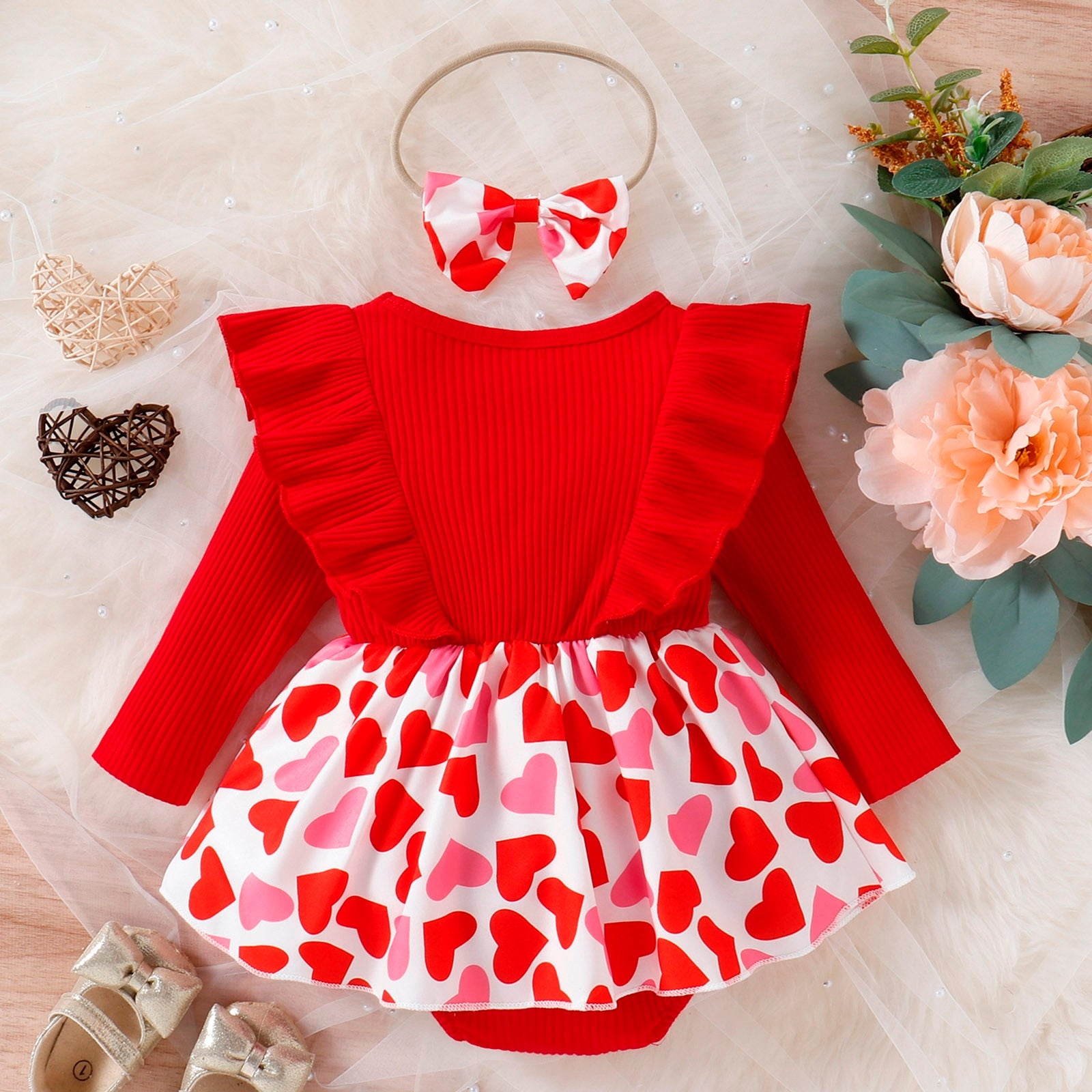 Adorable Infant Girls Valentine's Day Bodysuit Sets - Long Sleeve Rompers with Ribbed Hearts Print and Ruffles