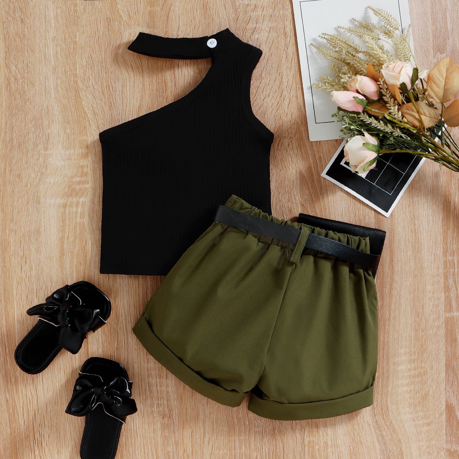 Stylish 0-4Y Little Girl Three-Piece Outfits Sets with One Shoulder Tops and Belts