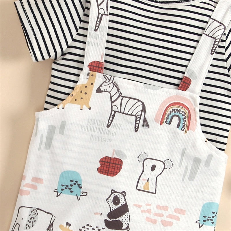 Adorable Newborn Baby Casual Outfit - Short Sleeve Stripe Top and Cartoon Animal Suspender Pants Set