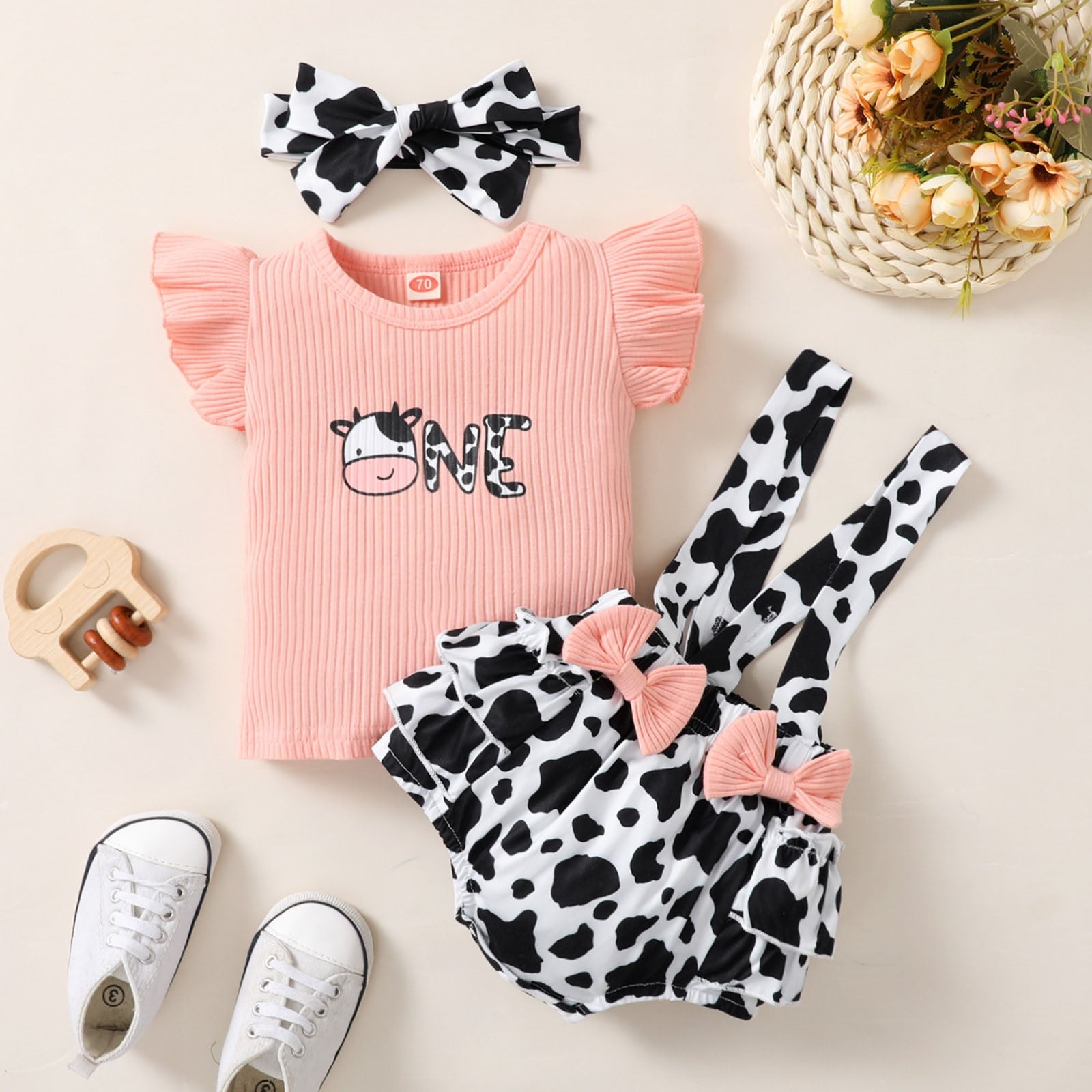 Newborn Baby Girl Clothes Sets Fly Sleeve Ribbed Top + Bowknot Suspenders Shorts+Headband 3PCS Outfit