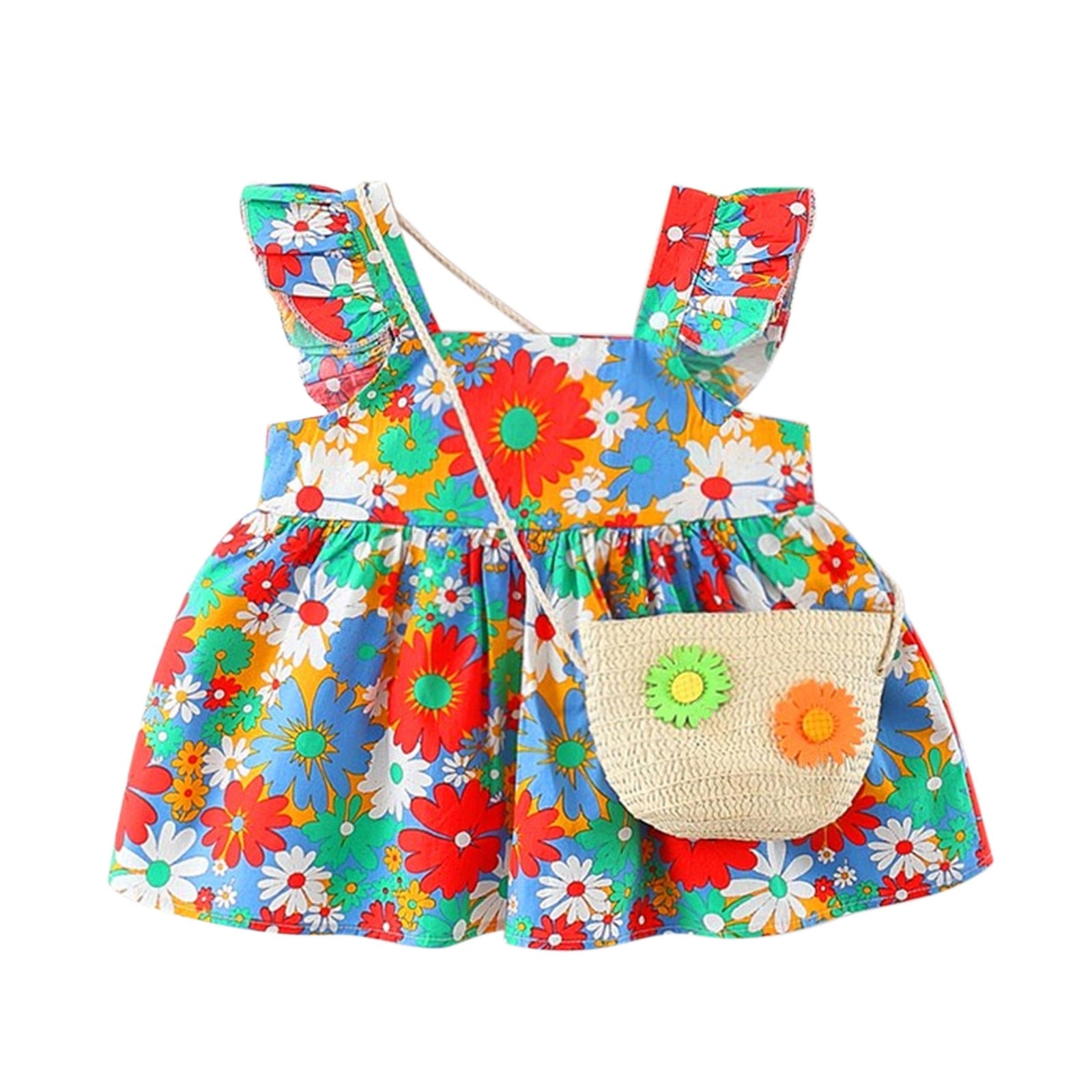 Summer Newborn Dress Flower Print Square Collar Princess Beach Flowers Dresses+Bag Little Girls Clothing