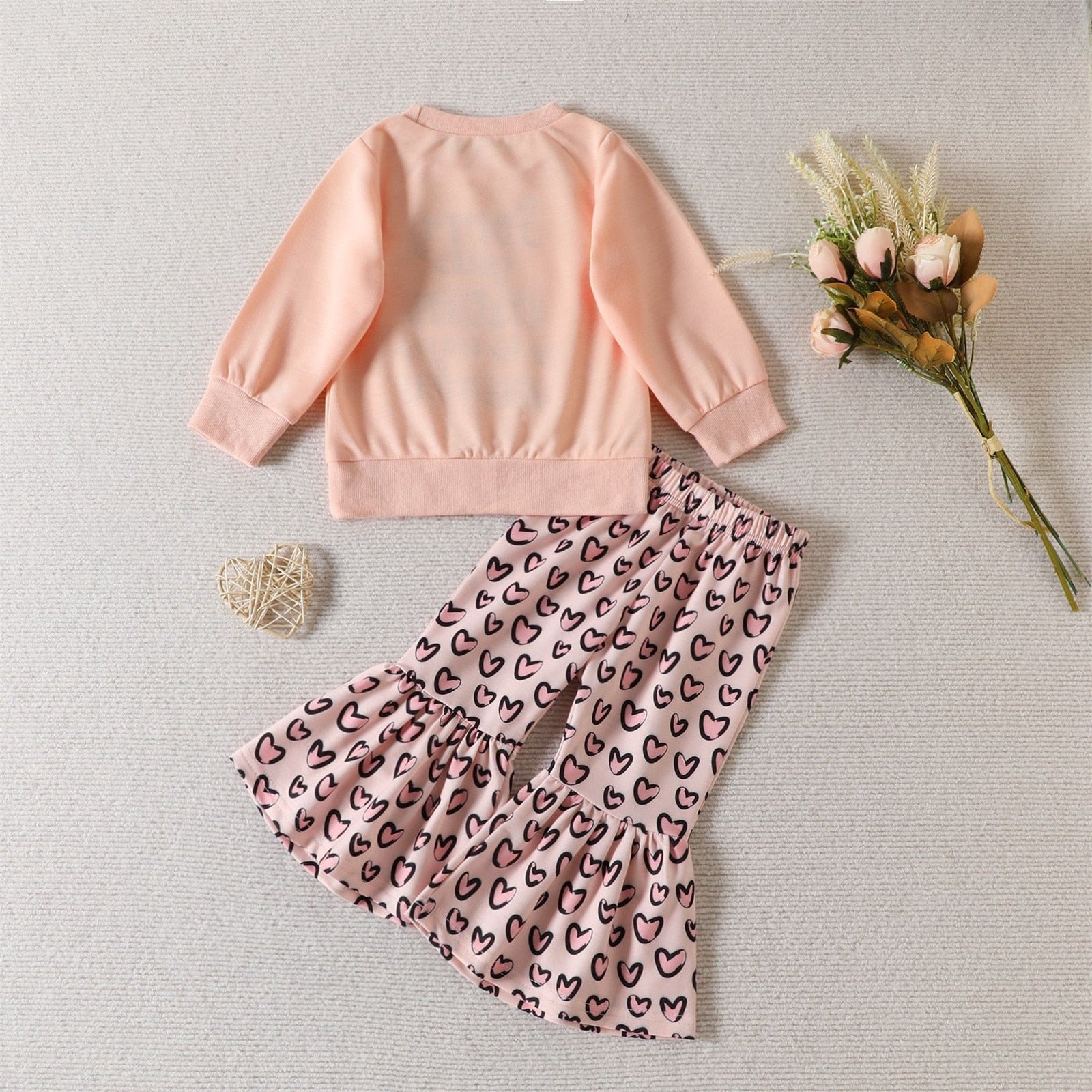 Valentine's Day Kids Girls 2pcs Clothes Sets Love Letter Long Sleeve Tops Bell Bottom Pants Sets Clothes Children Outfits