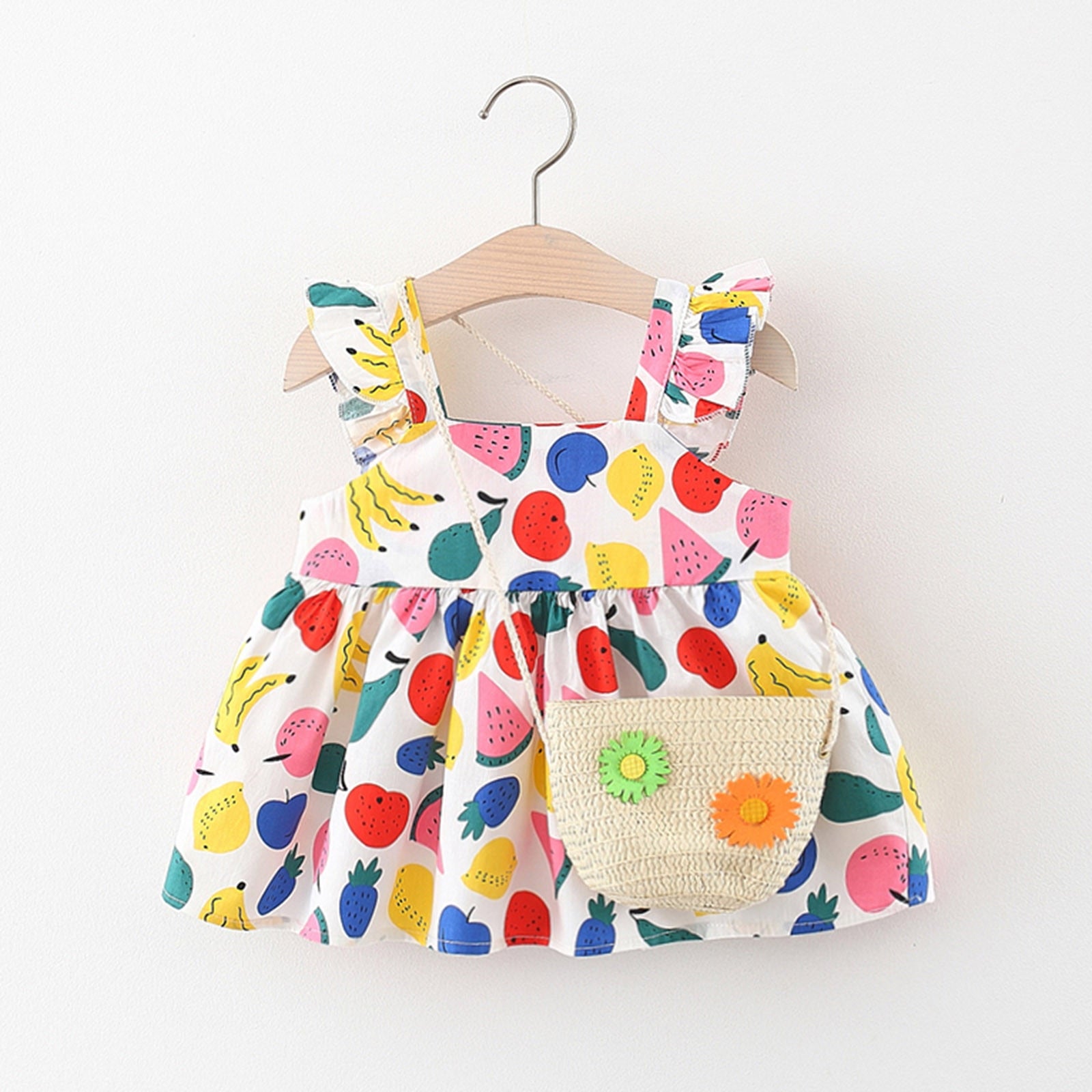 Summer Newborn Dress Flower Print Square Collar Princess Beach Flowers Dresses+Bag Little Girls Clothing