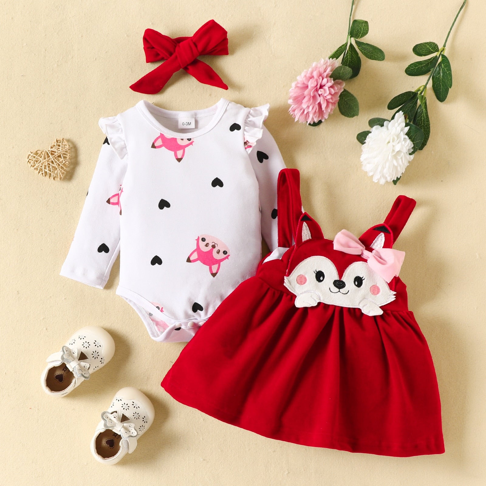 Cute and Adorable Baby Girl Outfit Set with Cartoon Fox Dress and Heart Romper