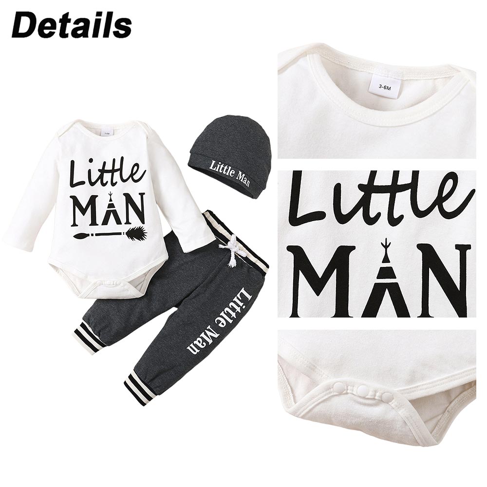 3-18M 3pcs Newborn Baby Boy Clothes Set - Long Sleeve Jumpsuit, Pants, and Romper