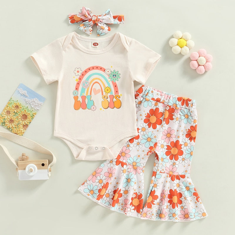 Adorable 3Pcs Rainbow and Floral Summer Outfit for Baby Girls