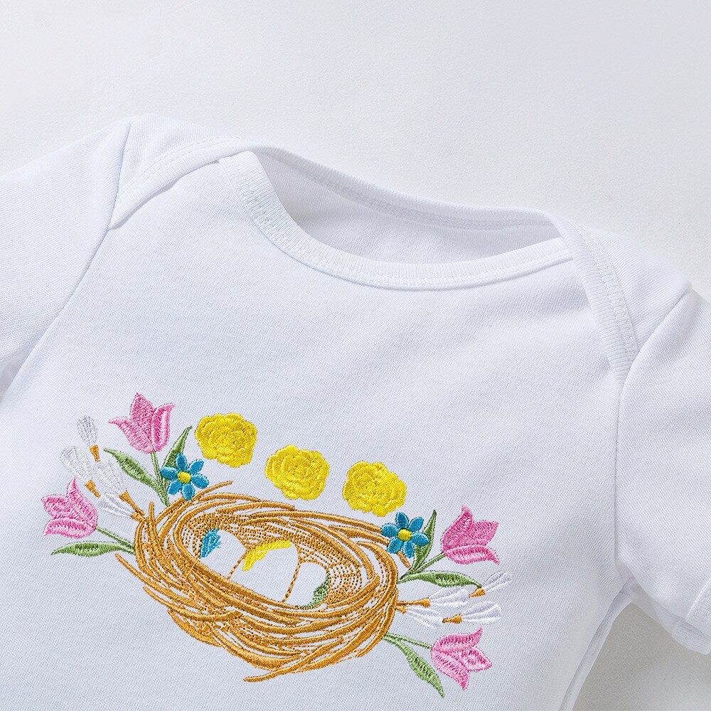 Summer Newborn Girls Clothes Set with Eggs and Flower Print Bodysuit and Tutu Skirt