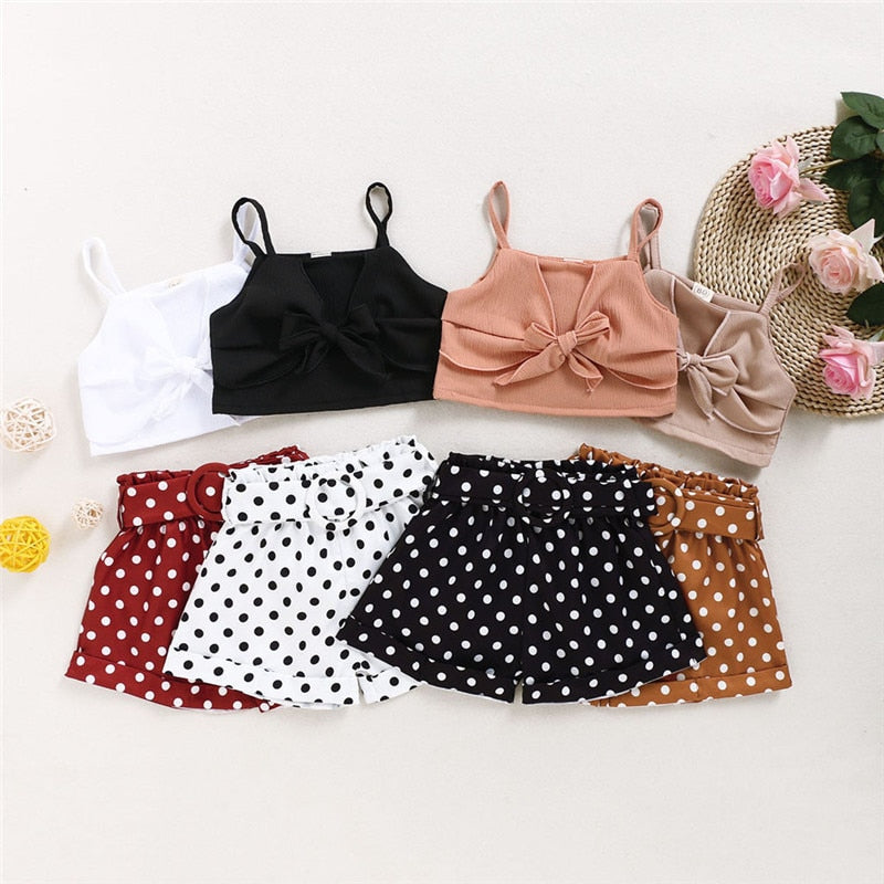 Toddler Baby Girl Summer Clothes Set - Solid Color Strap Bowknot Crop Tops Polka Dot Short Pants 2Pcs Outfits