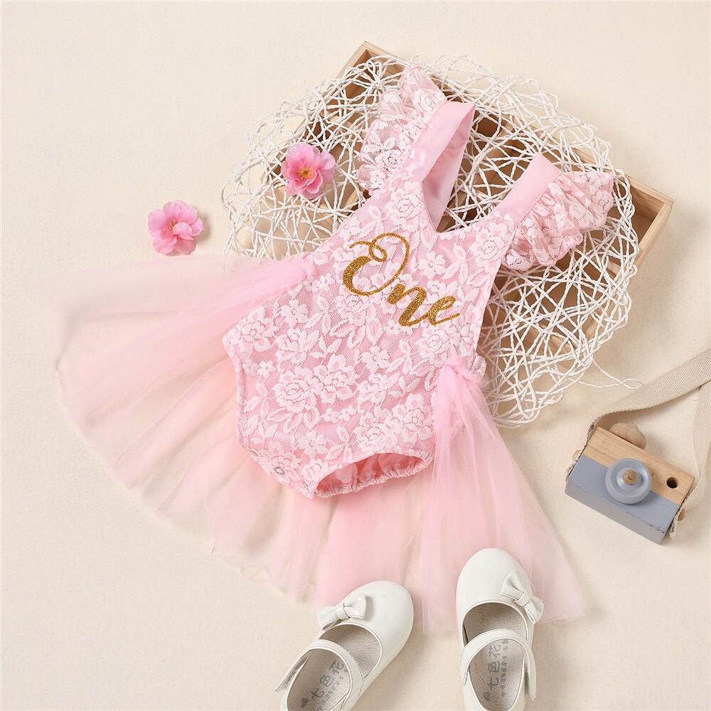 Floral Lace Embroidered Girls Bodysuit Dress for Baby's First Birthday