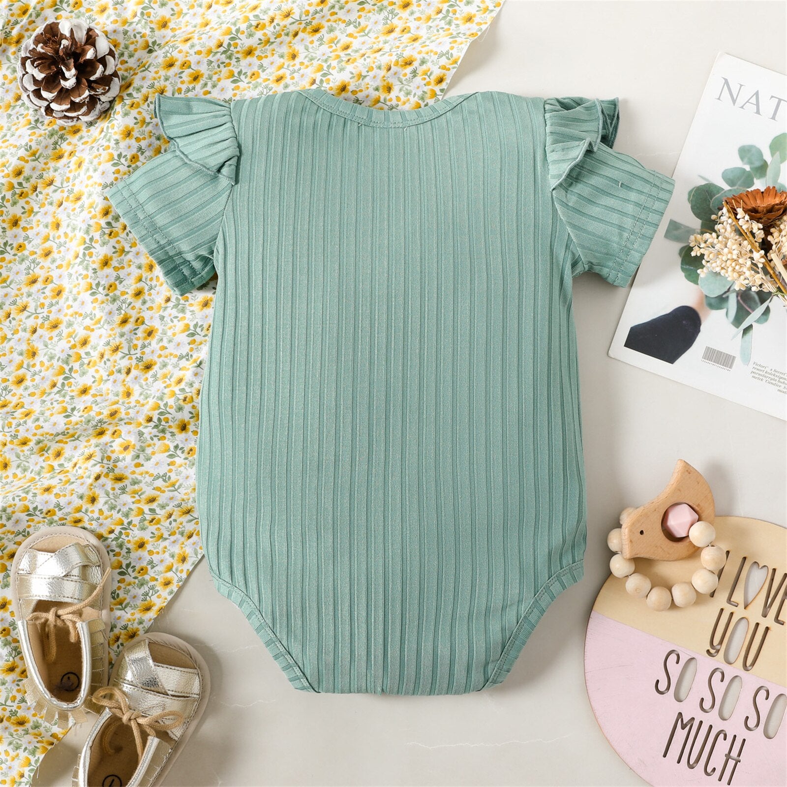 Newbrow Baby Girl Summer Romper with Ribbed Ruffle and Letter Print