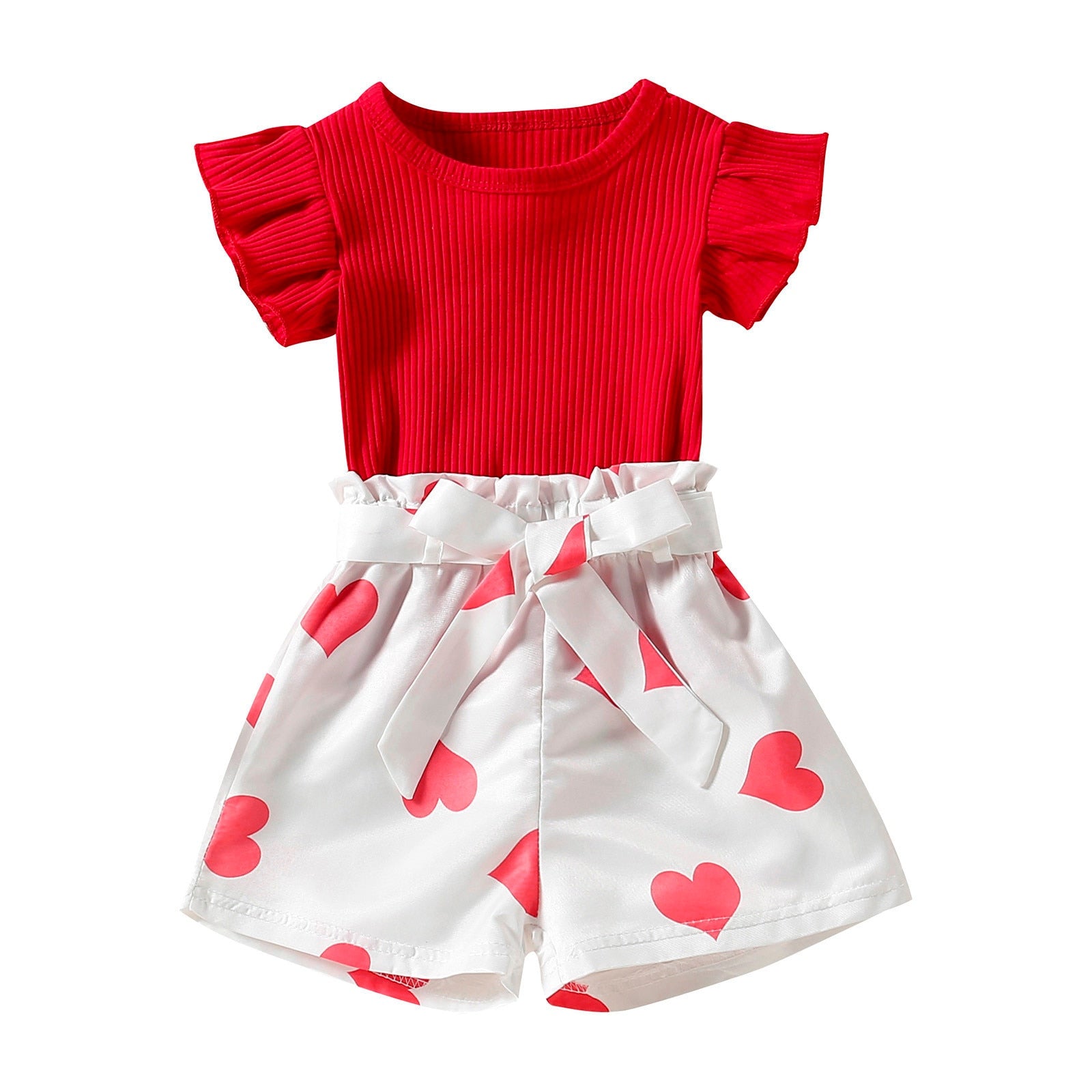 Toddler Girls Valentine's Day Clothing - Summer Fly Sleeve Ribbed Tops Hearts Printed Shorts Kids Outfits Girls Clothes 0-4 Years