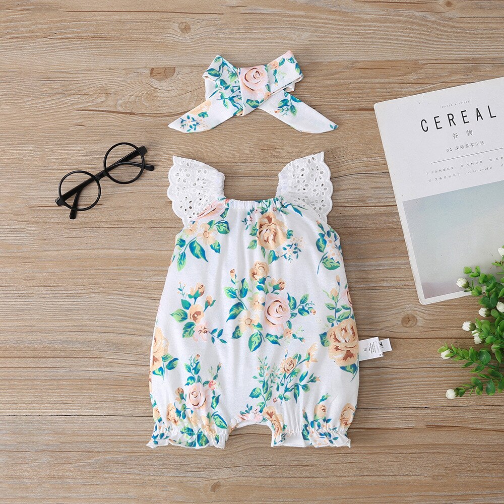 Adorable Floral Sleeveless Baby Rompers with Lace Details for Newborn Girls