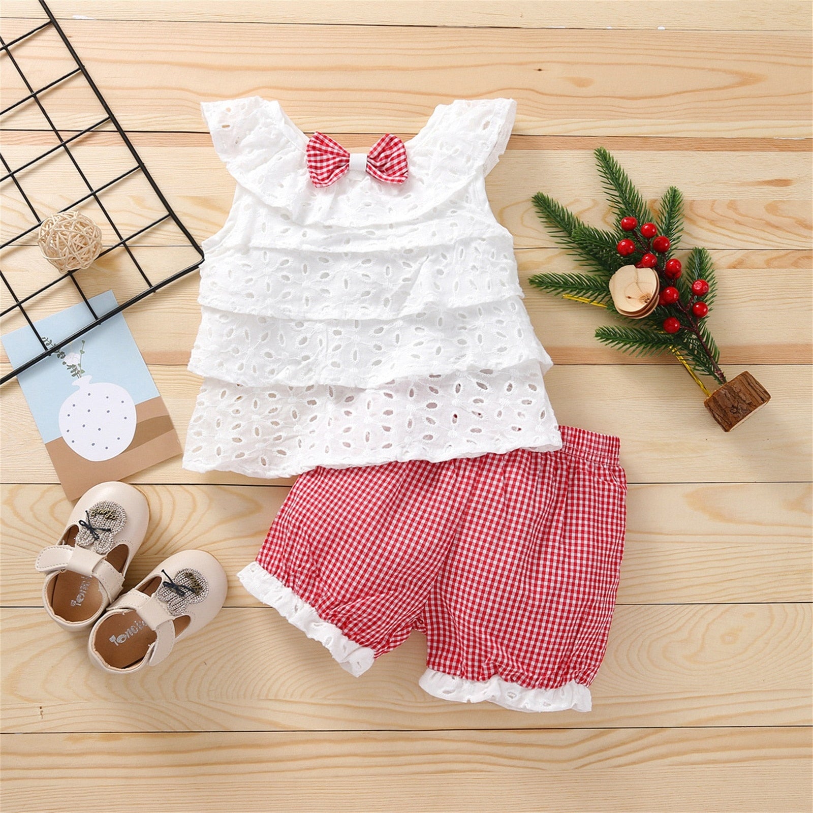 Adorable Toddler Girl Summer Outfits - Bowknot Tank Tops and Plaid Shorts Set