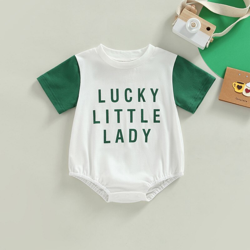 Infant Baby Girls Boys Cute Jumpsuit Cartoon Lucky Clover Letter Print Short Sleeve Round Neck Romper