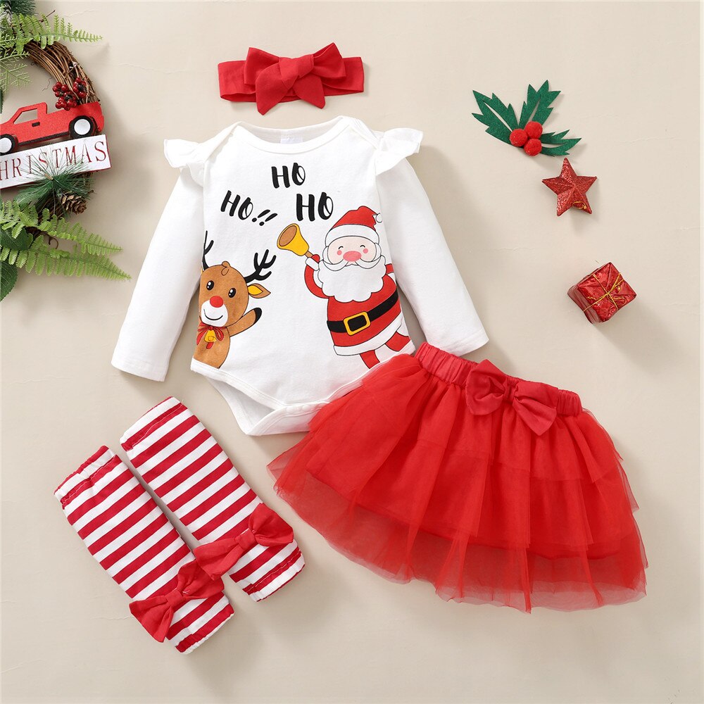 4Pcs Newborn Girls Clothing Set with Xmas Elk and Santa Claus Prints