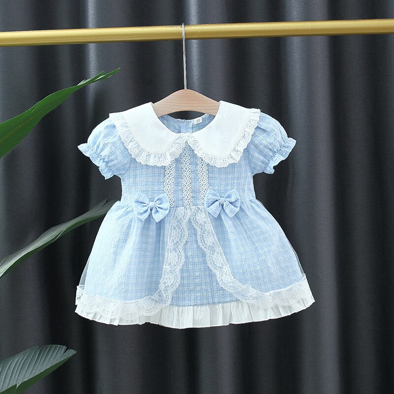 Summer Plaid Baby Girl Dress with Lace Bow and Puff Sleeves
