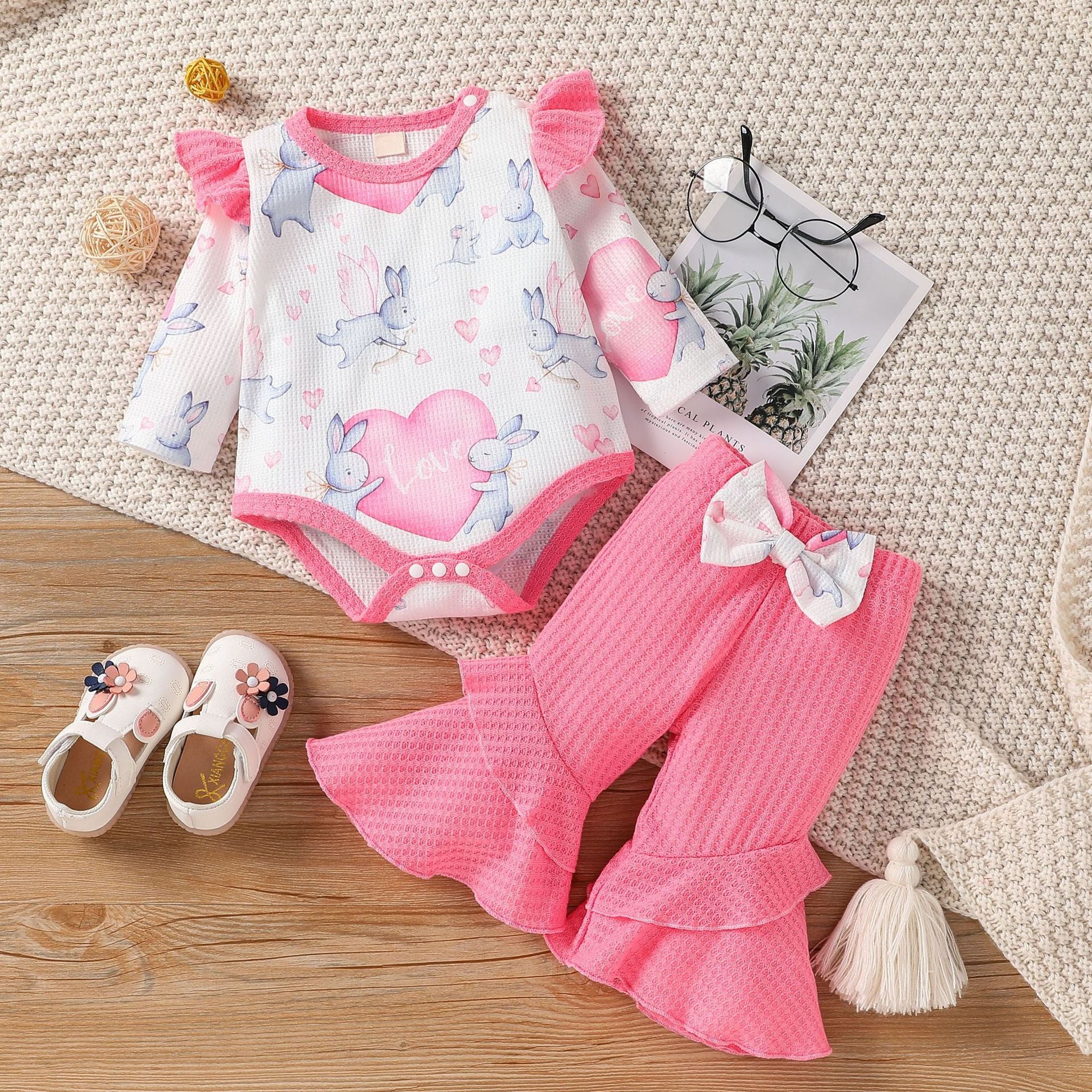 My First Easter" Baby Girl Clothing Set: Rabbit Romper and Layered Floral Bodysuit