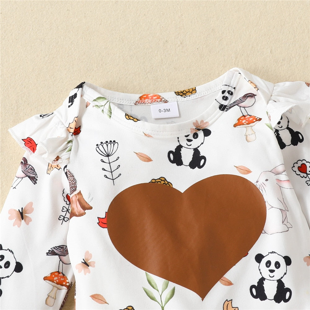 Adorable 3pcs Infant Baby Clothes Set with Animals Bodysuit and Mesh Skirt for Toddler Girls