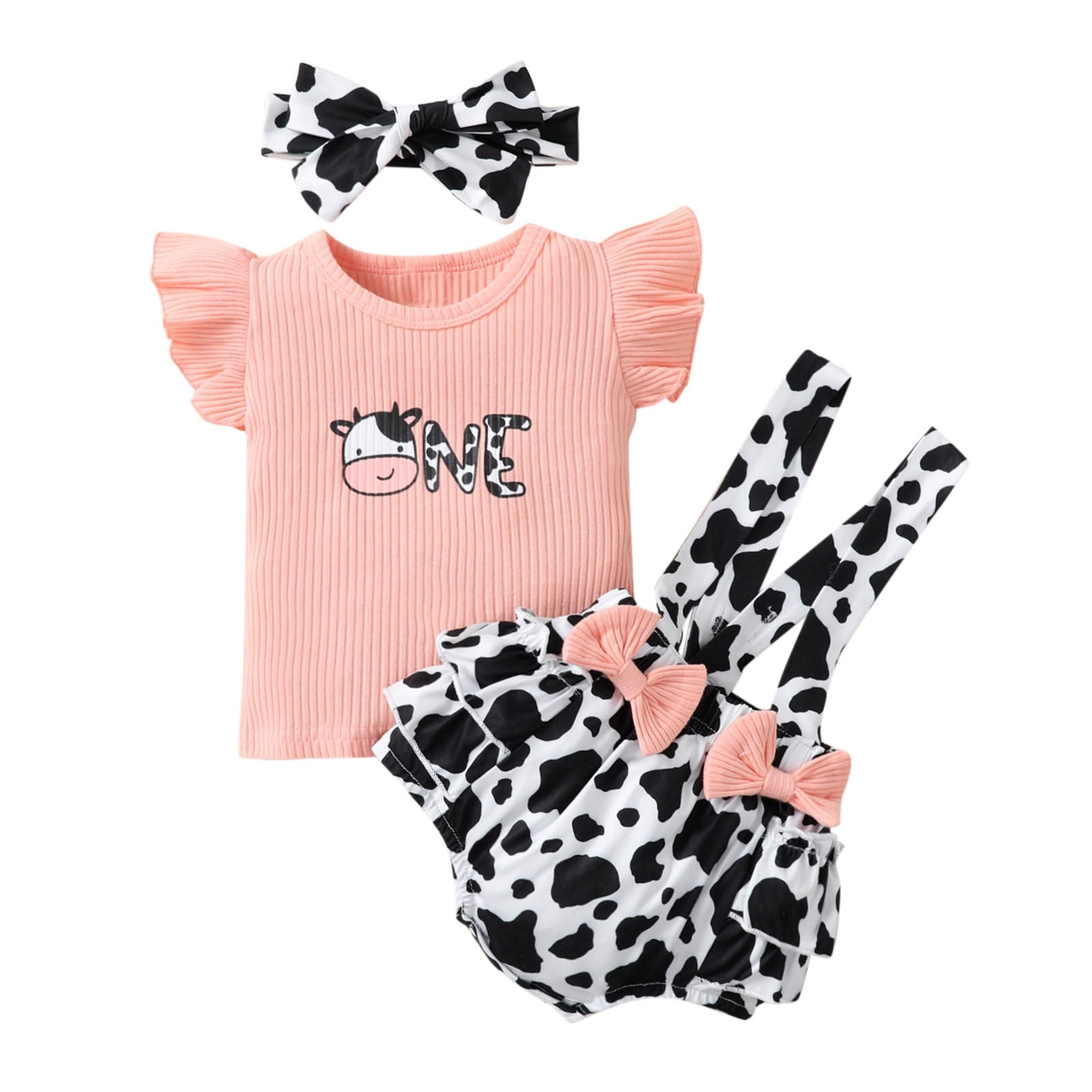 Newborn Baby Girl Clothes Sets Fly Sleeve Ribbed Top + Bowknot Suspenders Shorts+Headband 3PCS Outfit