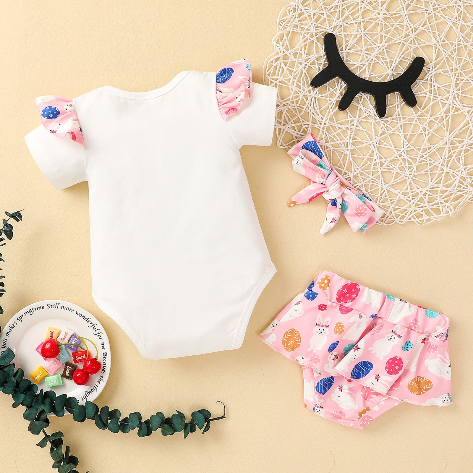 Adorable 3-Piece Baby Girl Clothes Set with Letter Print Romper, Cartoon Shorts and Headband