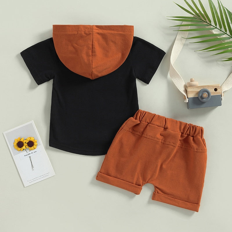 Trendy Summer Clothes Sets for Boys: Letter Print Patchwork Short Sleeve Hooded T-shirts+Shorts Tracksuits