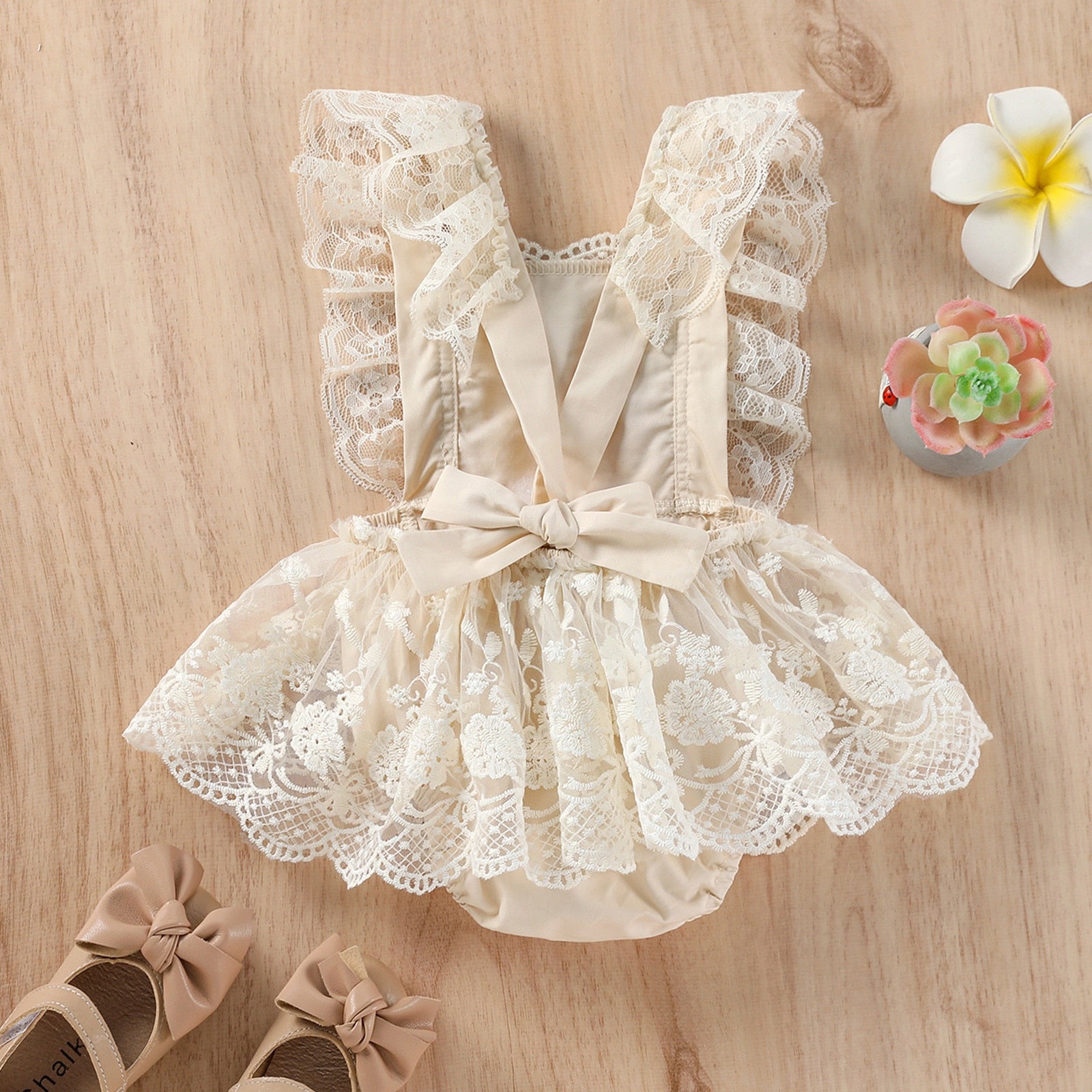 Adorable Infant Baby Girls Summer Romper Dress with Floral Lace Embroidery and Adjustable Straps
