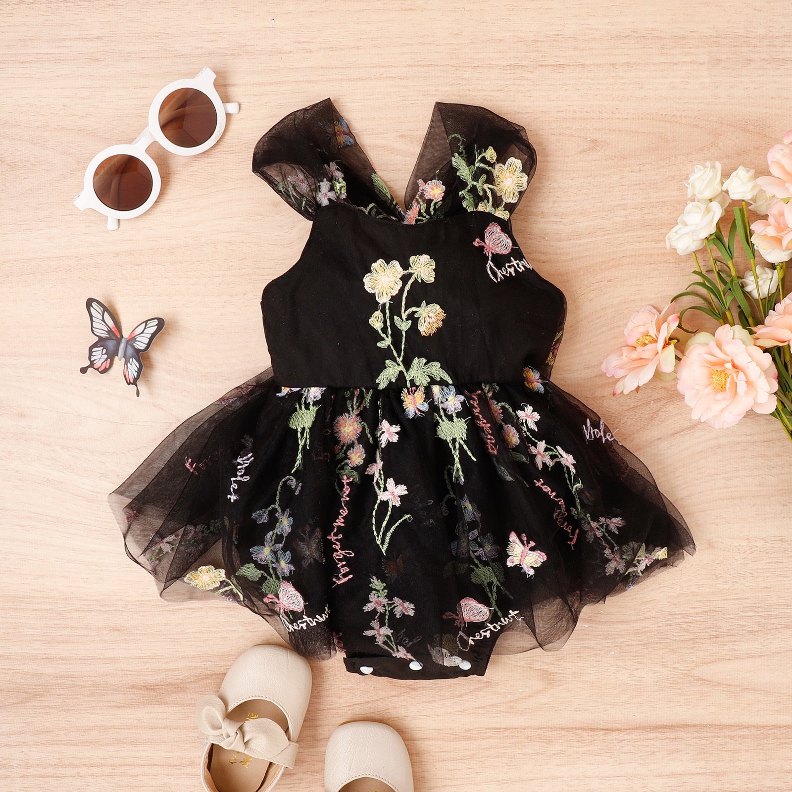 Baby Girl Princess Romper Dress with Floral Embroidery and Lace Mesh