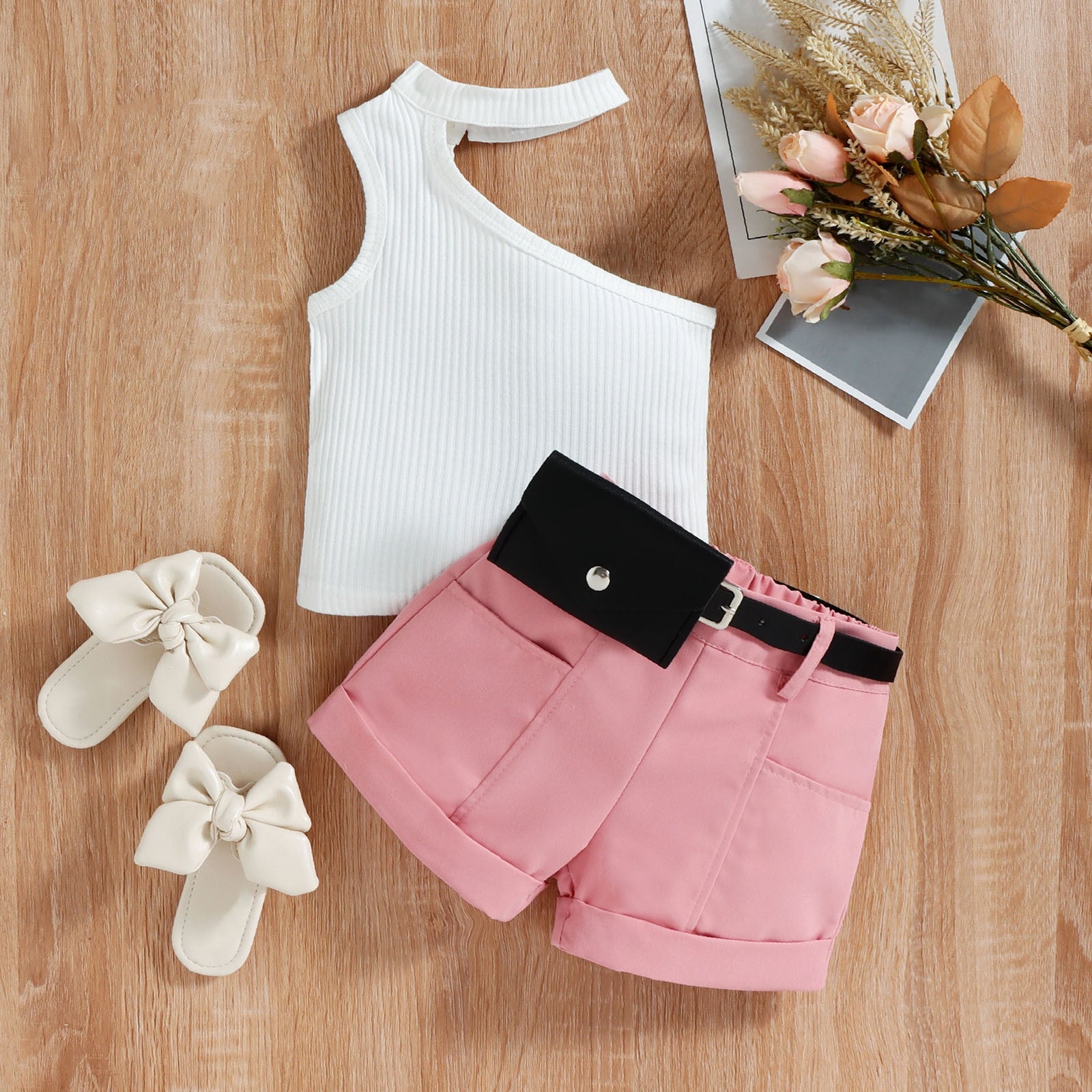 Stylish 0-4Y Little Girl Three-Piece Outfits Sets with One Shoulder Tops and Belts