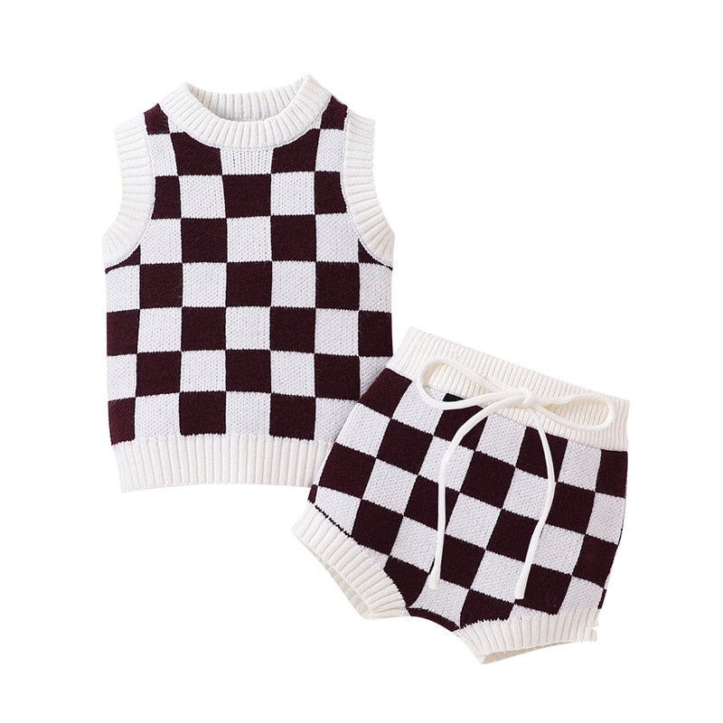Trendy Checkerboard Printed Knitted Vest and Shorts Set for Newborn Baby Boys and Girls