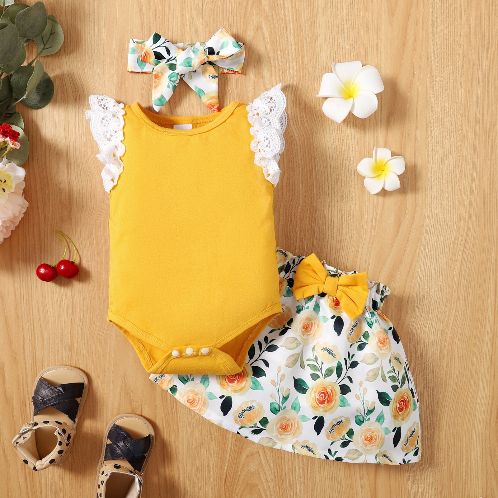 Newborn Baby Clothes Summer Sets For Girls Lace Sleeve Romper+Bow Skirts 3pcs Toddler Girls Outfits Suit
