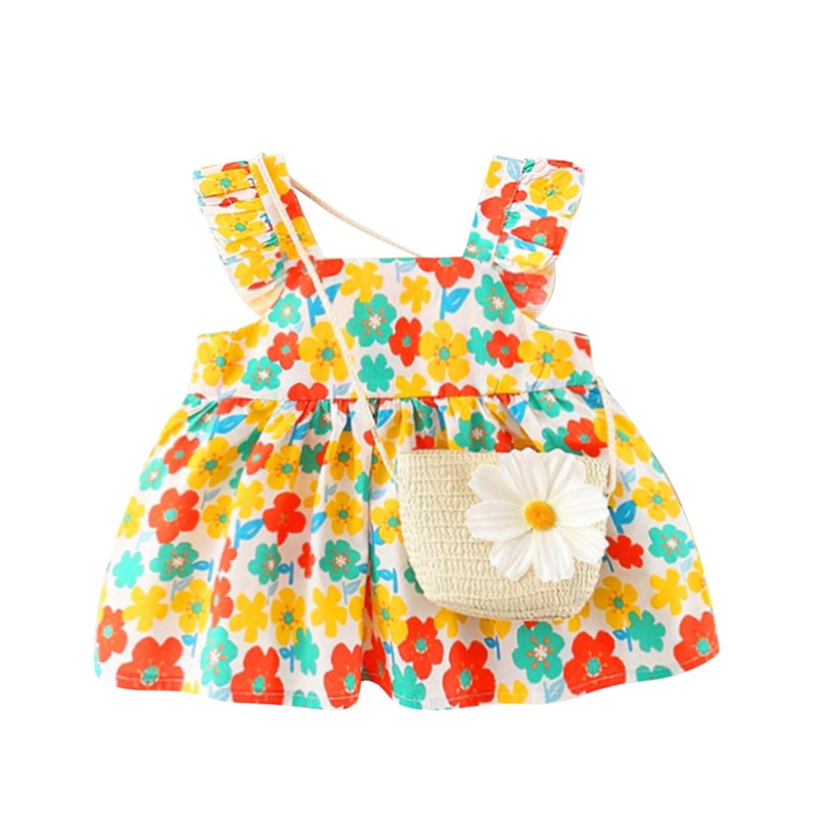 Summer Newborn Dress Flower Print Square Collar Princess Beach Flowers Dresses+Bag Little Girls Clothing
