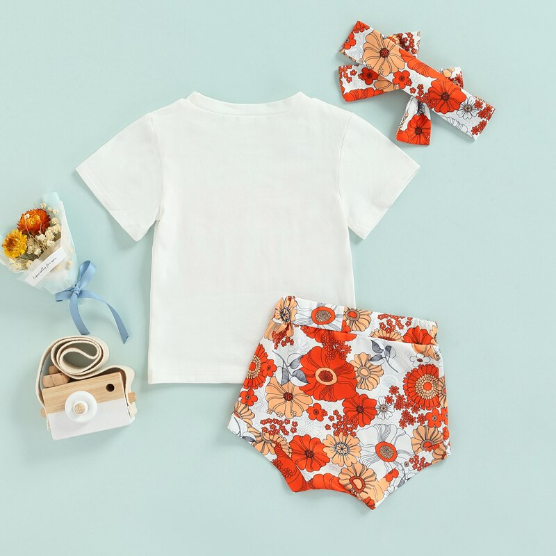 Summer Infant Baby Girls Clothes Sets - Letter Print Short Sleeve T-shirt and Floral Shorts Outfits with Headband