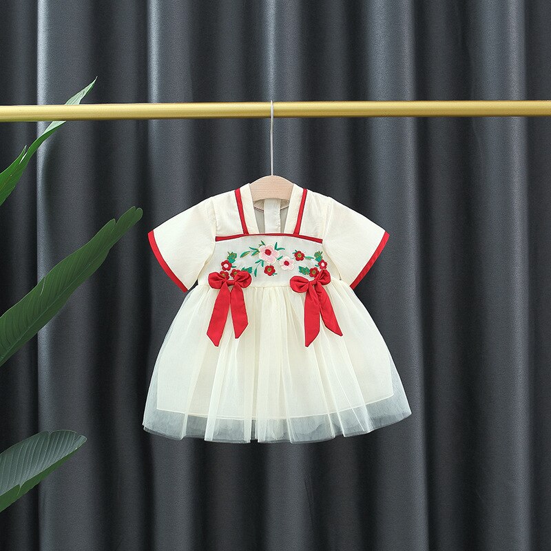 Vintage Chinese Style Embroidered Baby Party Mesh Dress for Girls