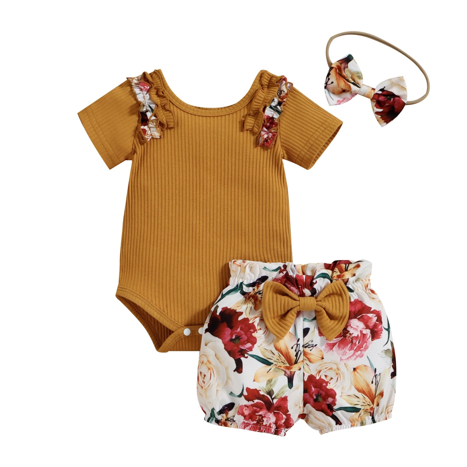 Adorable Newborn Baby Girls Clothes Sets with Ruffled Tops and Bow Print Shorts