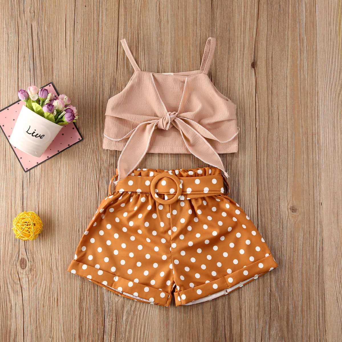 Toddler Baby Girl Summer Clothes Set - Solid Color Strap Bowknot Crop Tops Polka Dot Short Pants 2Pcs Outfits