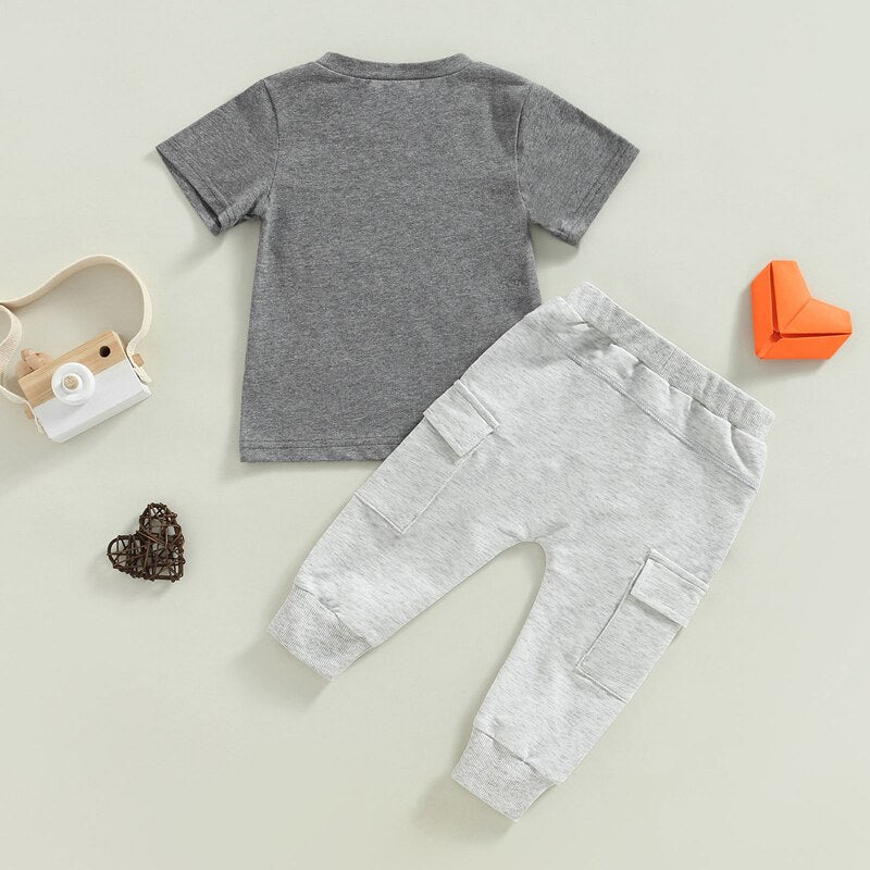 Stylish Summer Boys' Clothing Sets - Gray Letter Print Short Sleeve T-shirt and Long Pants